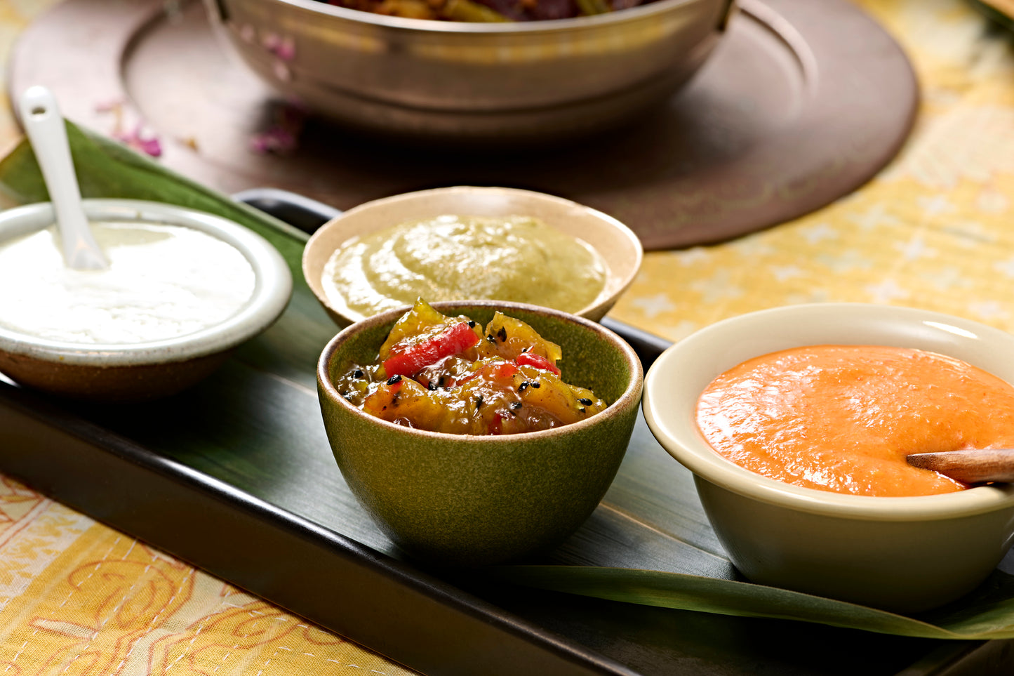 Chutneys and Sauces - Sweet Mango Chutney, Tangy Tamarind Sauce, Cool Cucumber Raita, Spicy Chilli Sauce